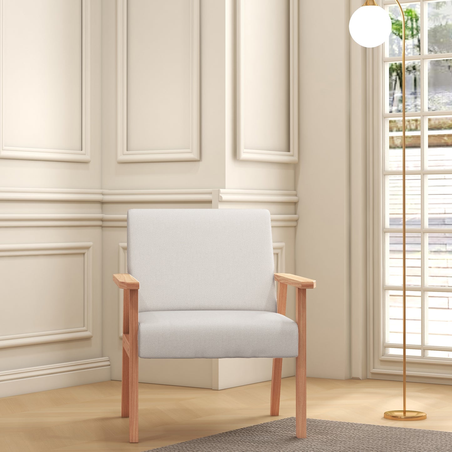 HOMCOM Modern Armchair, Linen Upholstered Accent Chair with Solid Wood Legs and Wide Seat, Padding Lounge Chair for Living Room Bedroom Office, Cream White