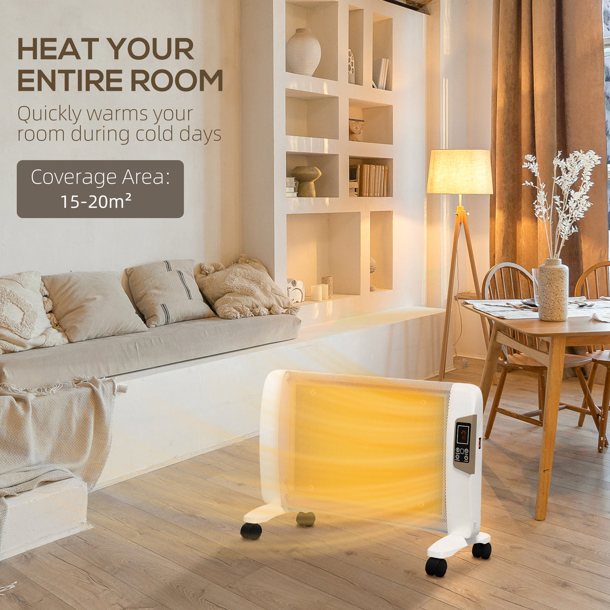 White mica space heater with glowing panel, digital controls and caster wheels