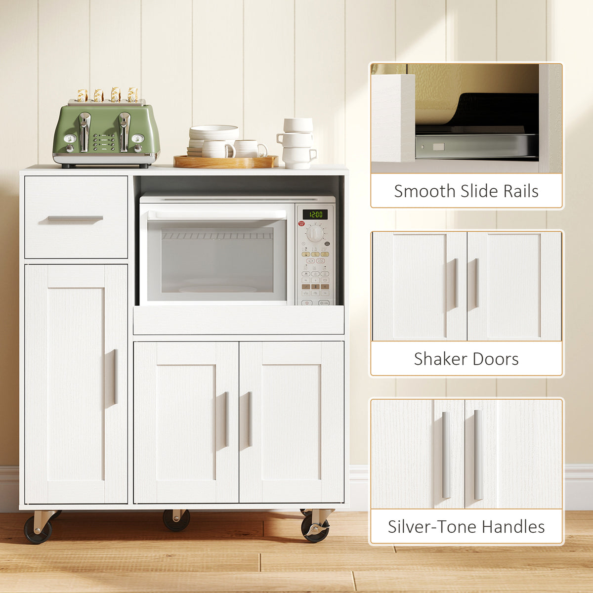 HOMCOM Rolling Kitchen Cart, Microwave Cabinet with Sliding Tray, Drawer, 3-Door Cupboards, Adjustable Shelf, White
