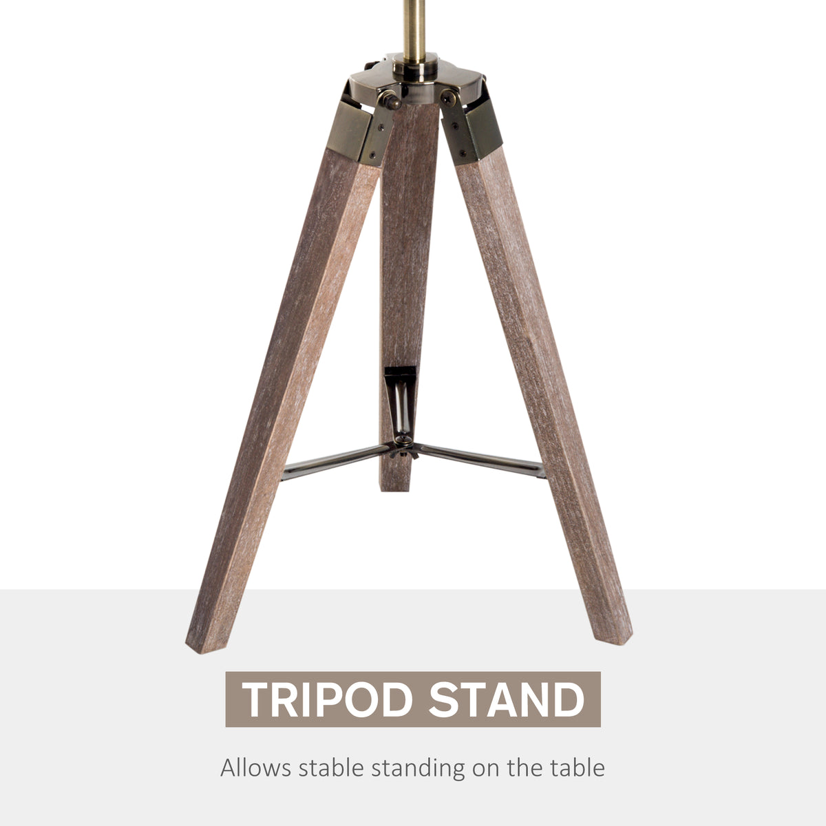 Wooden three-leg tripod stand with metal braces for the HOMCOM table lamp