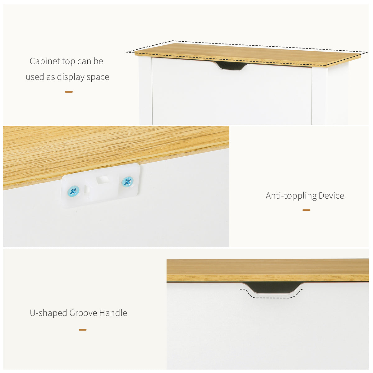Shoe cabinet details showing wood-look top, anti-tip hardware, and recessed groove handle