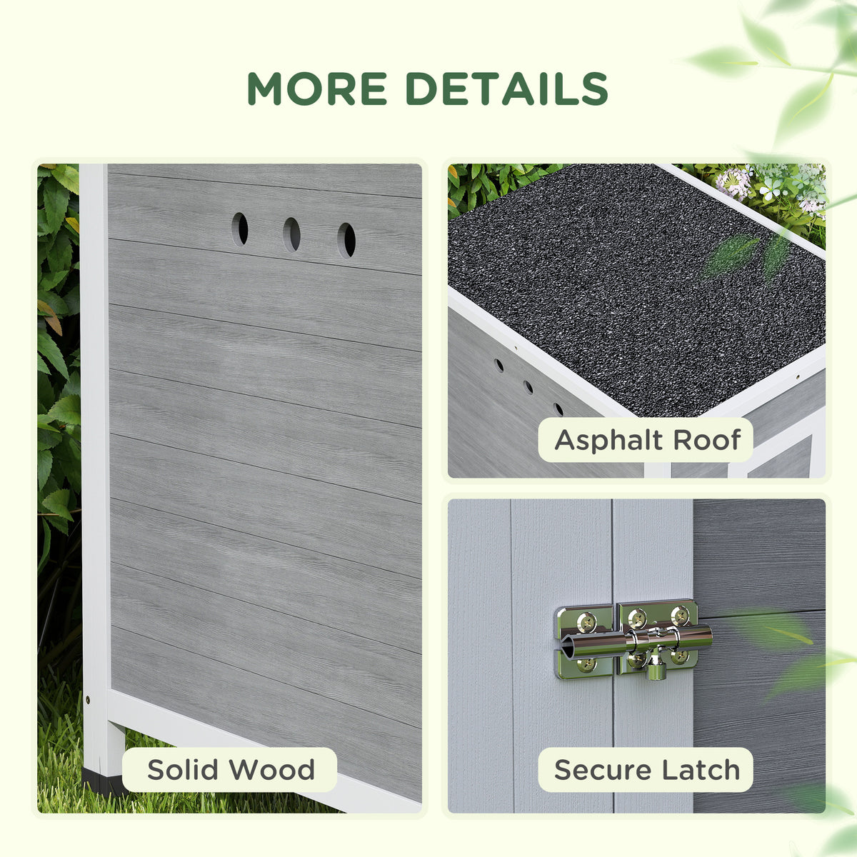 PawHut wooden duck house details: solid wood, asphalt roof, ventilation holes and latch