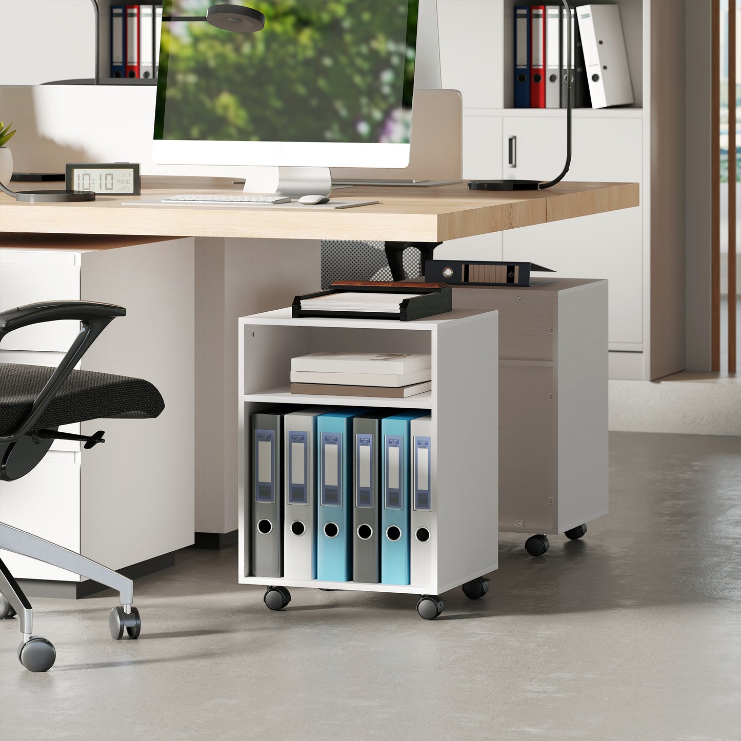 HOMCOM 2-Tier Printer Stand with Storage, Under Desk Printer Cart on Wheels, White