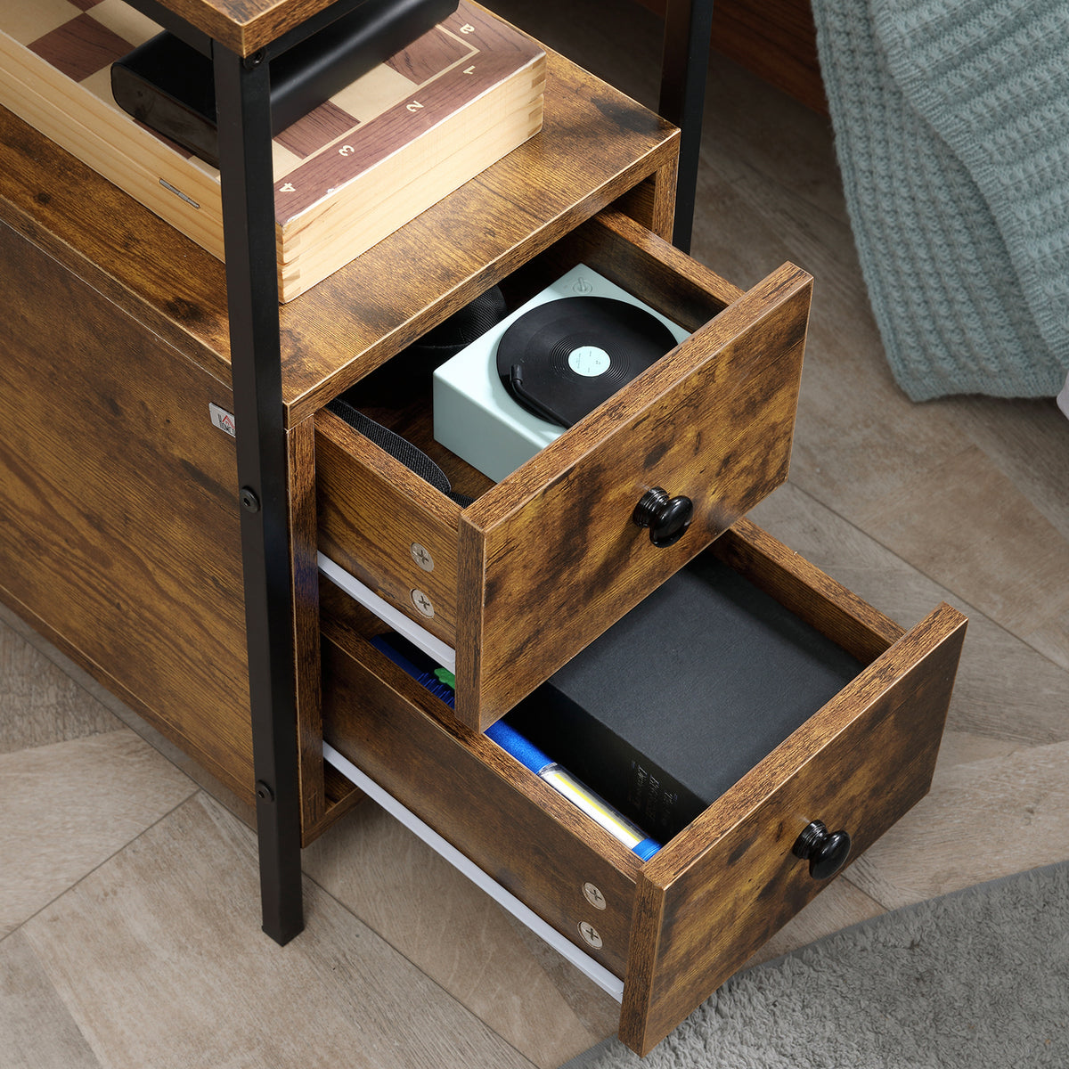 Open side table drawers reveal interior storage beneath the shelf