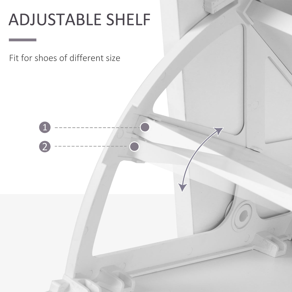 Adjustable white shoe cabinet shelf tilts to fit different shoe sizes