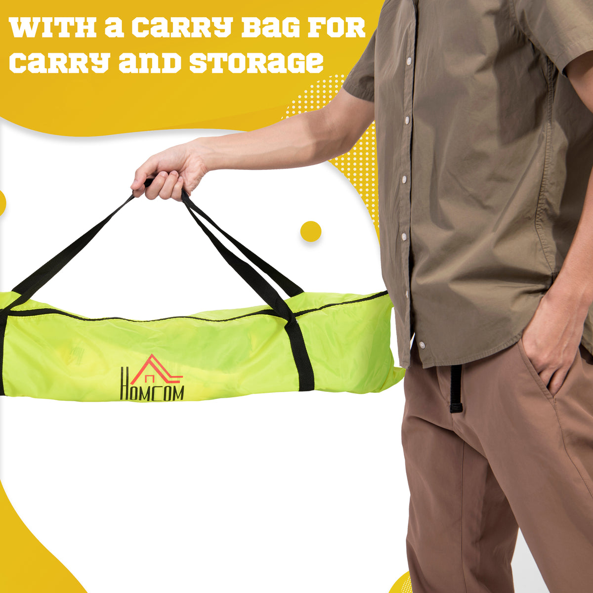 Bright yellow HOMCOM carrying bag with black shoulder straps for the football goals
