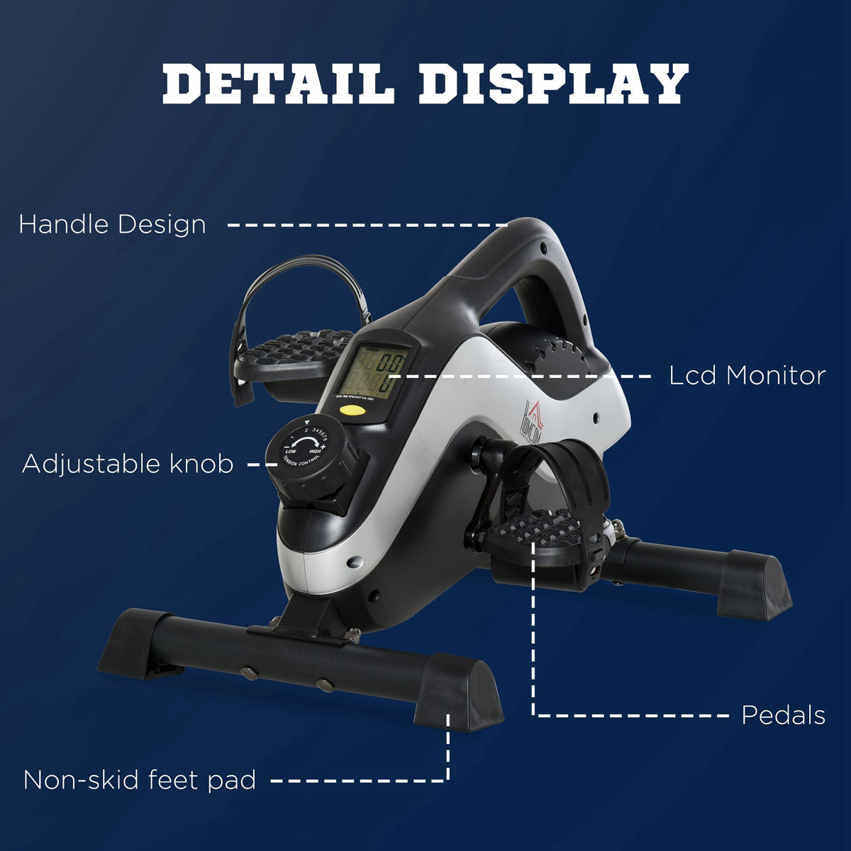 HOMCOM mini exercise bike showing its handle, LCD monitor, pedals, and non-skid feet