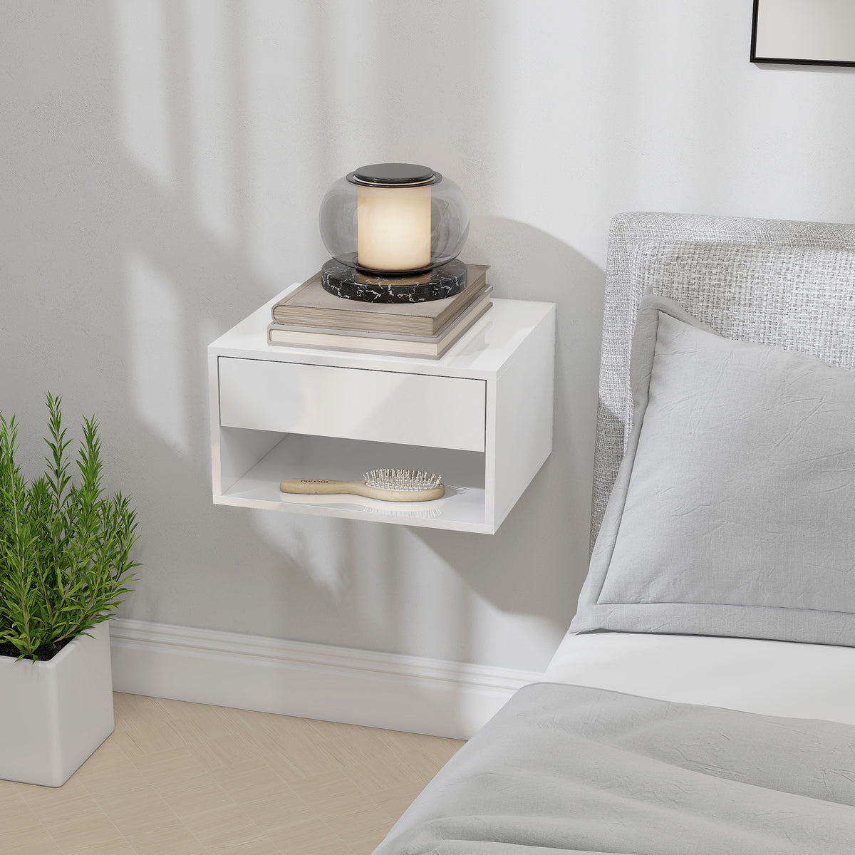 HOMCOM Set of Two Floating Bedside Tables, Wall Mounted Nightstand with Drawer and Open Shelf, High Gloss White