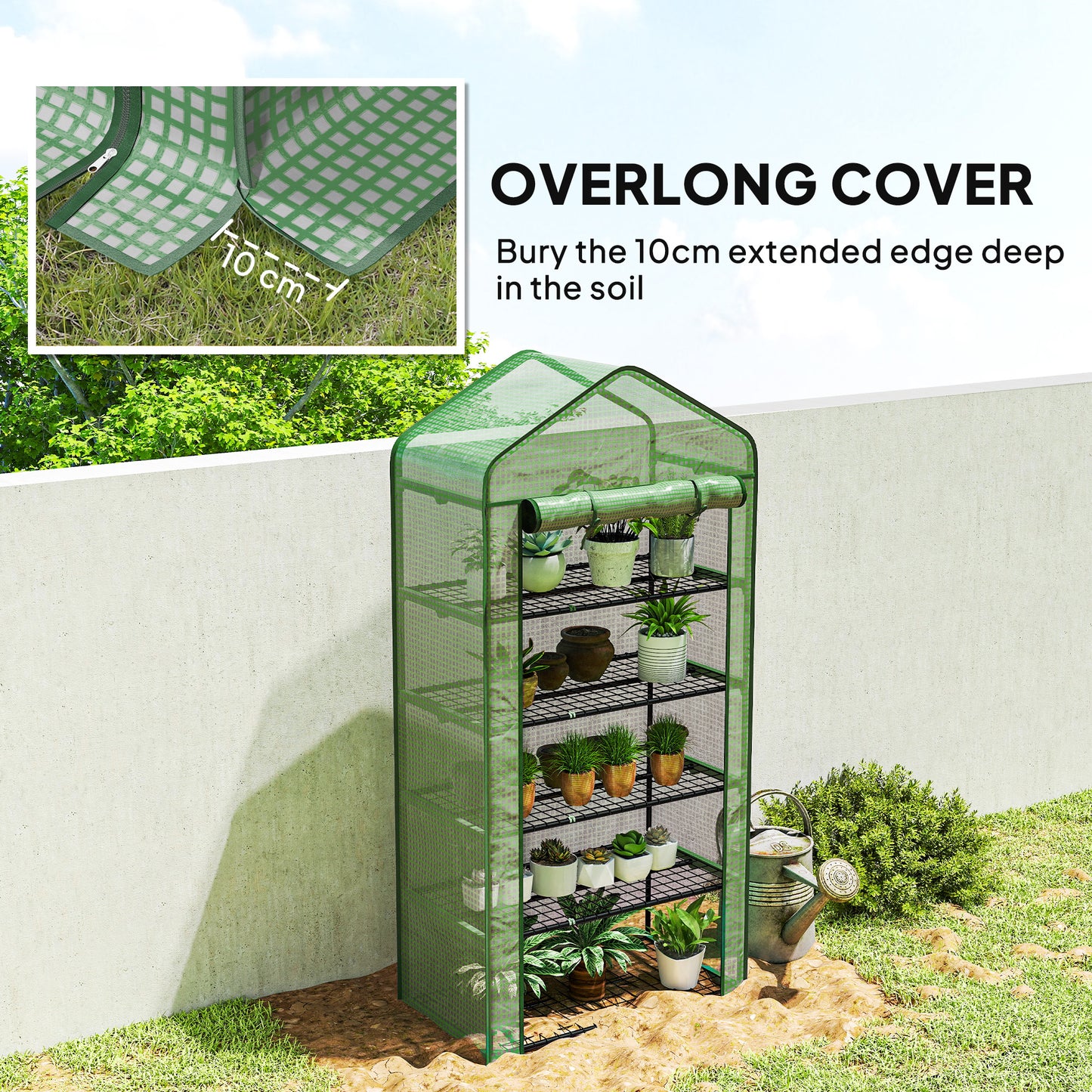 Outsunny 5 Tier Widened Mini Greenhouse with Reinforced PE Cover, Portable Indoor Outdoor Green House with Roll-up Door and Wire Shelves, 90 x 49 x 193cm, Green