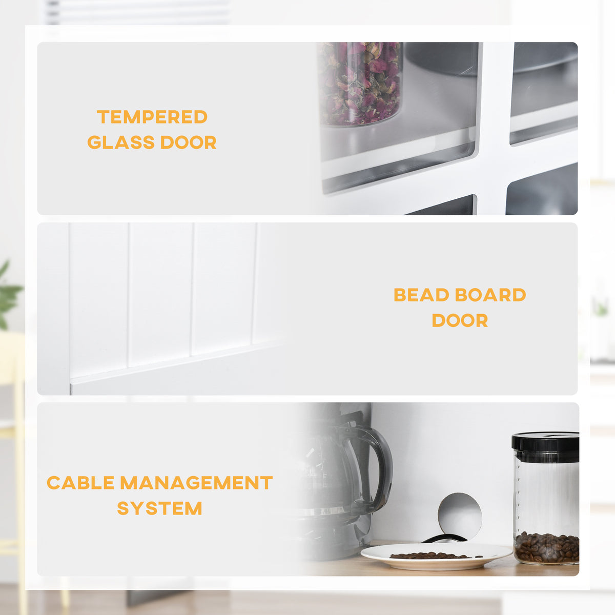 Kitchen cabinet details showing glass and beadboard doors and a cable management opening