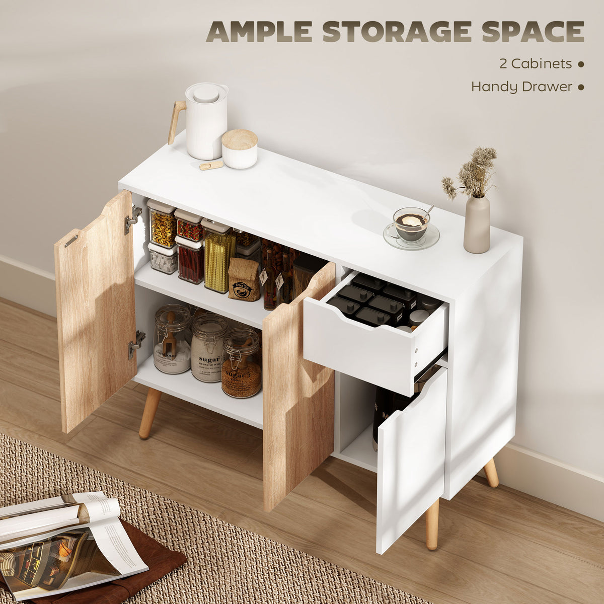 HOMCOM sideboard with open doors and drawer revealing shelves and storage space