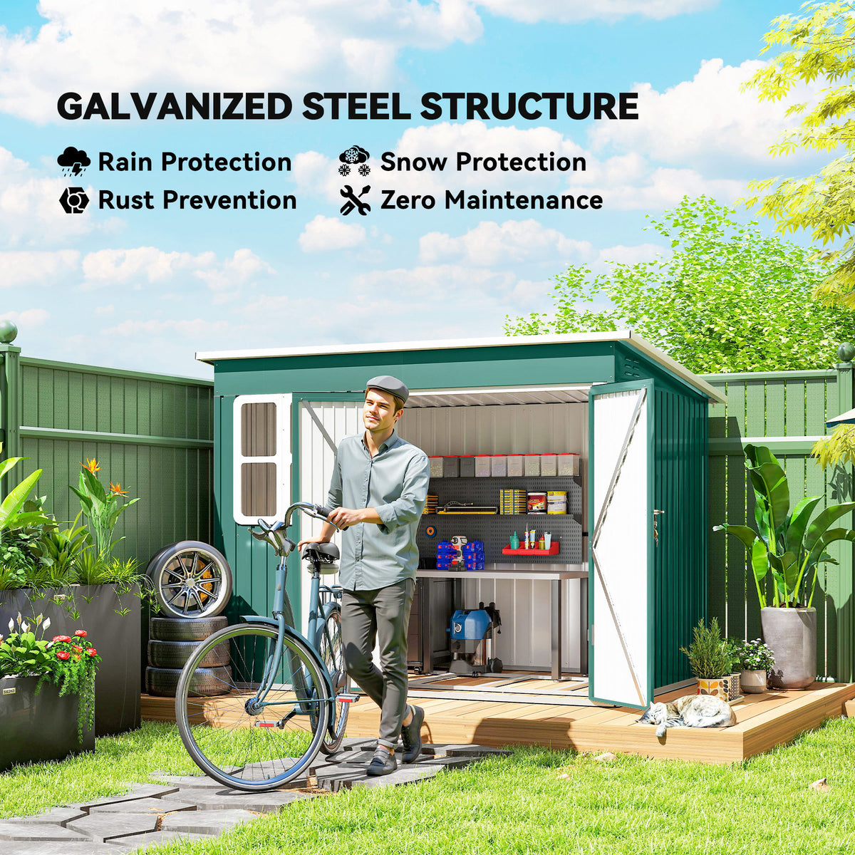 Outsunny green steel garden shed with open double doors and visible storage shelves