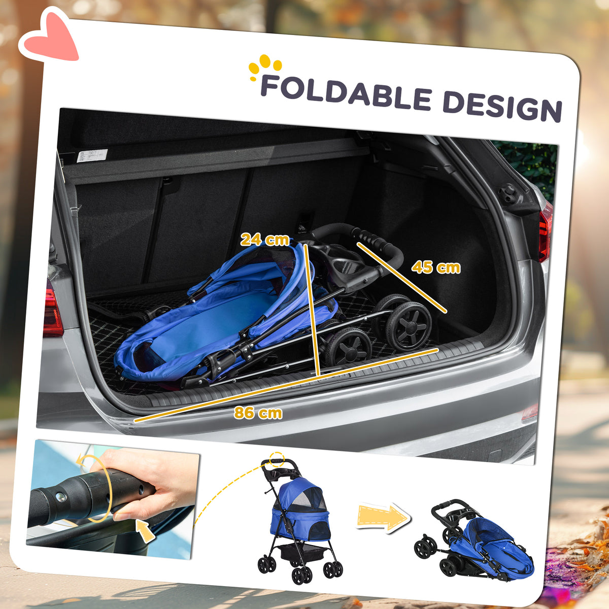 Foldable blue pet stroller shown collapsed for car storage, with a compact frame and wheels.