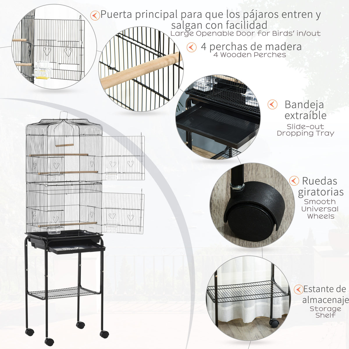 Black bird cage with wooden perches, open front doors, slide-out tray, and wheeled stand
