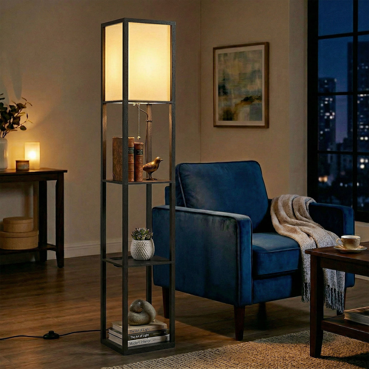 HOMCOM Floor Lamp with Shelves, 3 Layer Column Modern Standing Lamp for Living Room, Bedroom, Office, Black