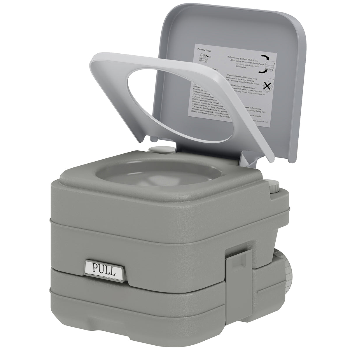 Grey portable toilet with raised lid and seat, pull handle, and side tank latch