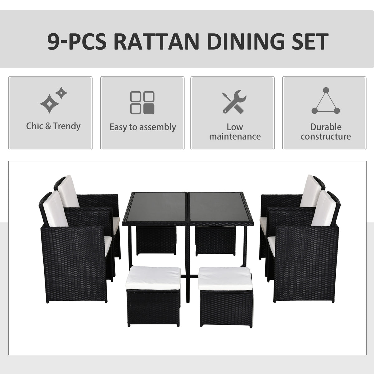 Outsunny 9 Piece Rattan Cube Garden Furniture Dining Set with Armchairs, Footstools and Glass-Top Table, Black