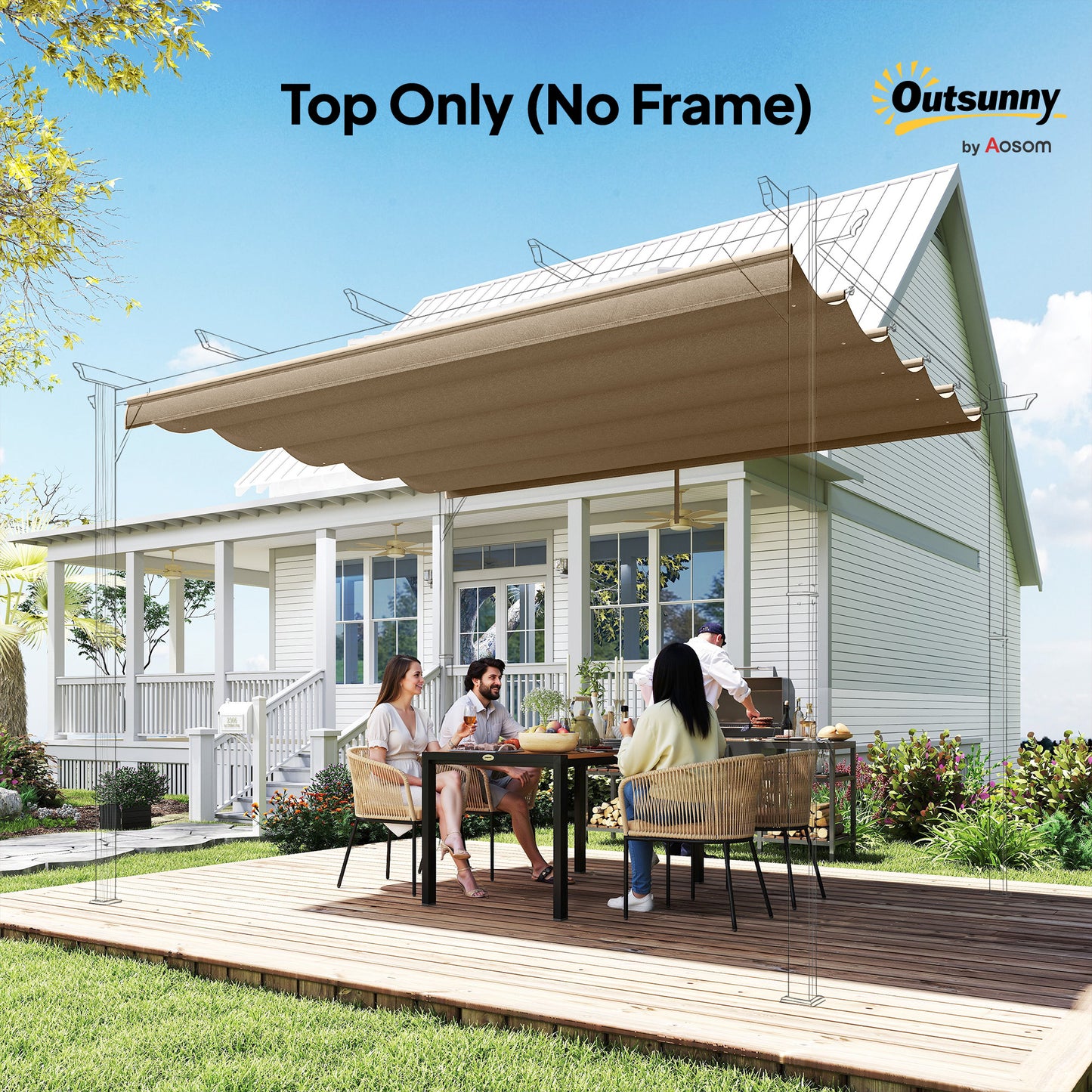 Outsunny Retractable Pergola Cover, 2.55 x 2.5 m Replacement Canopy Fabric for 3 x 3 m Frame, Roof Top Only, Tan