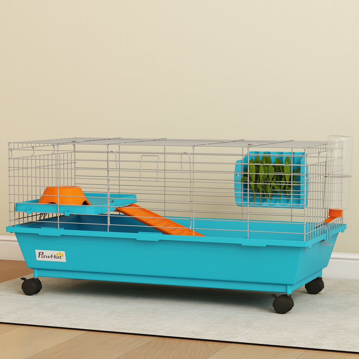 PawHut Small Animal Cage Rabbit Guinea Pigs Chinchillas Cage with Wheels Water Bottle
