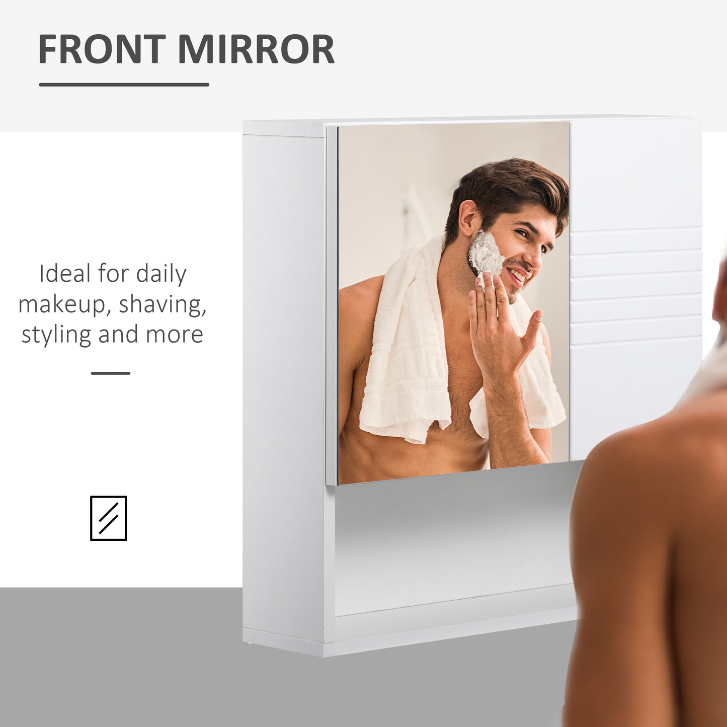 White bathroom mirror cabinet with a large mirrored front door and open lower shelf