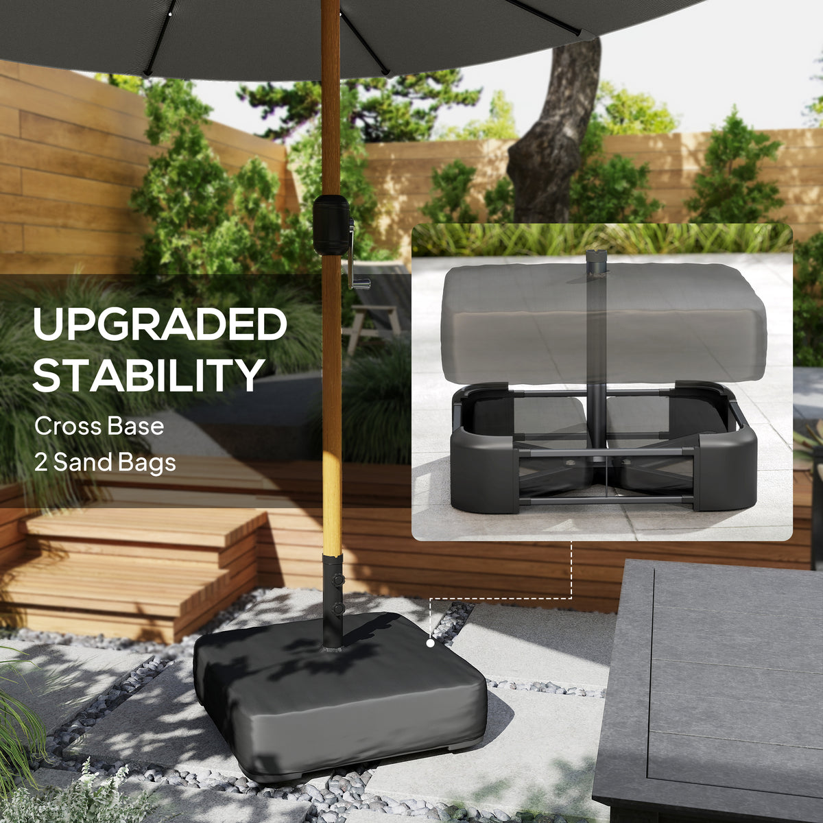 Outsunny Double Sided Garden Parasol with Base Included & 48 Solar LED Lights Patio Umbrella Crank Handle 4.6m Light Grey
