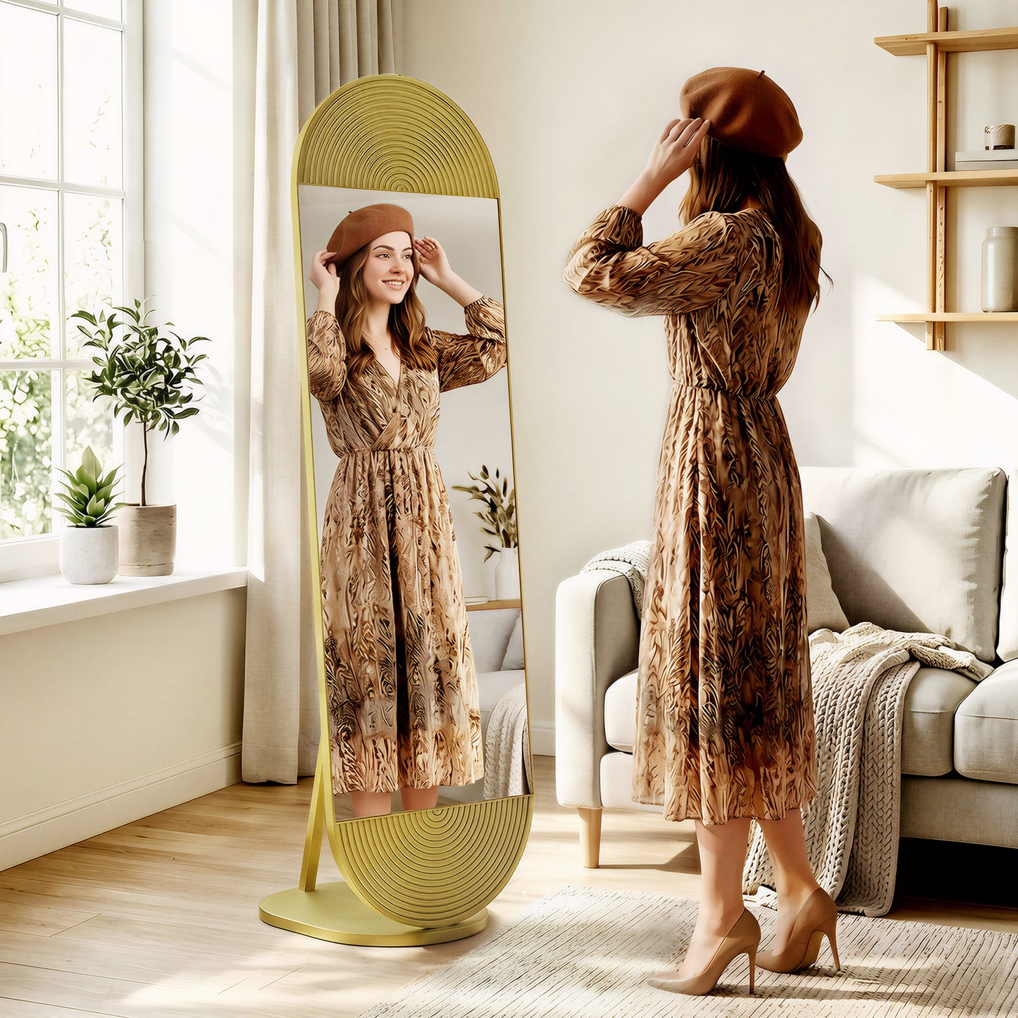 HOMCOM 50 x 161 cm Wavy Full Length Mirror, Free Standing Mirror with Metal Frame and Solid Base, Gold Tone