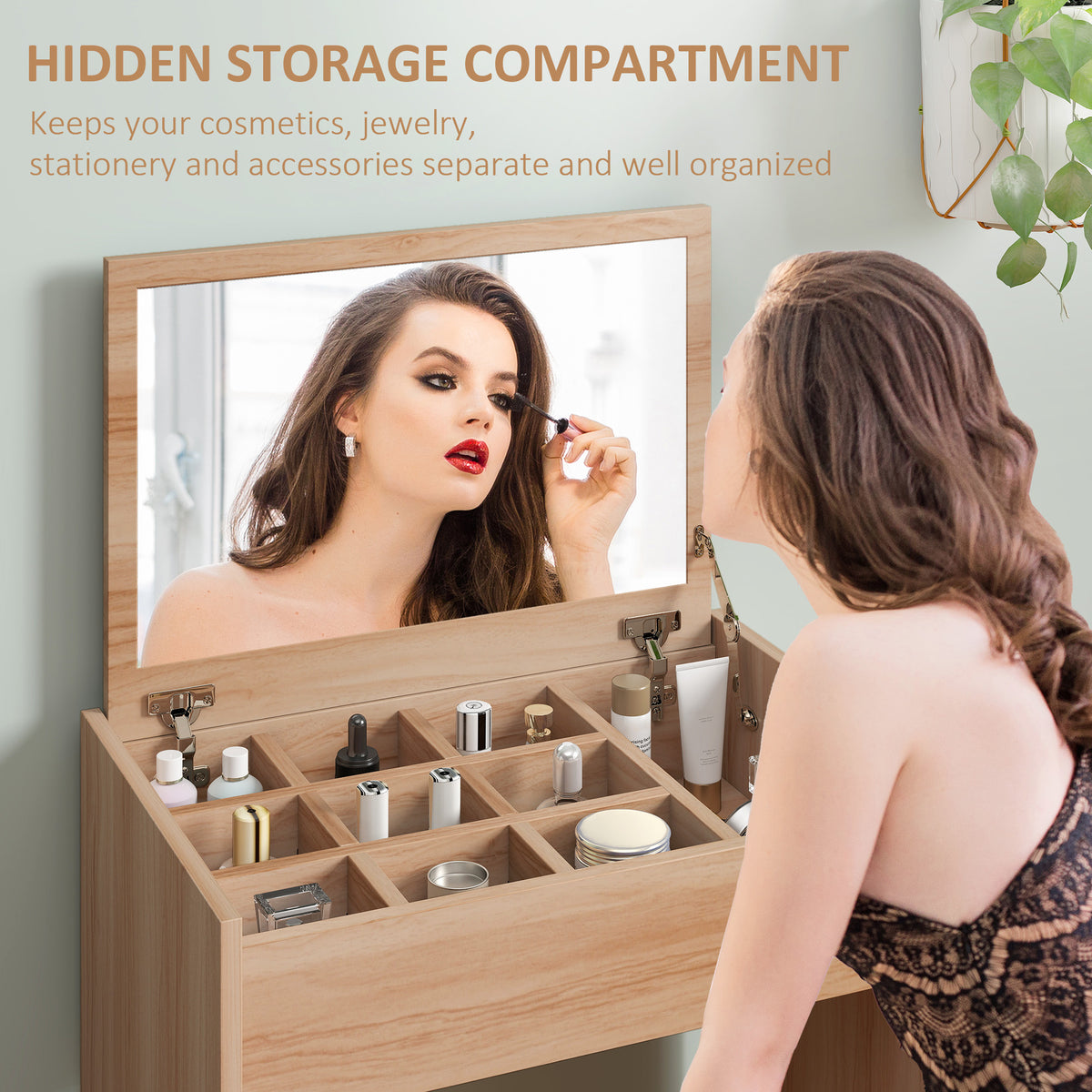 Open wood vanity storage compartments filled with cosmetics beneath a flip-up mirror