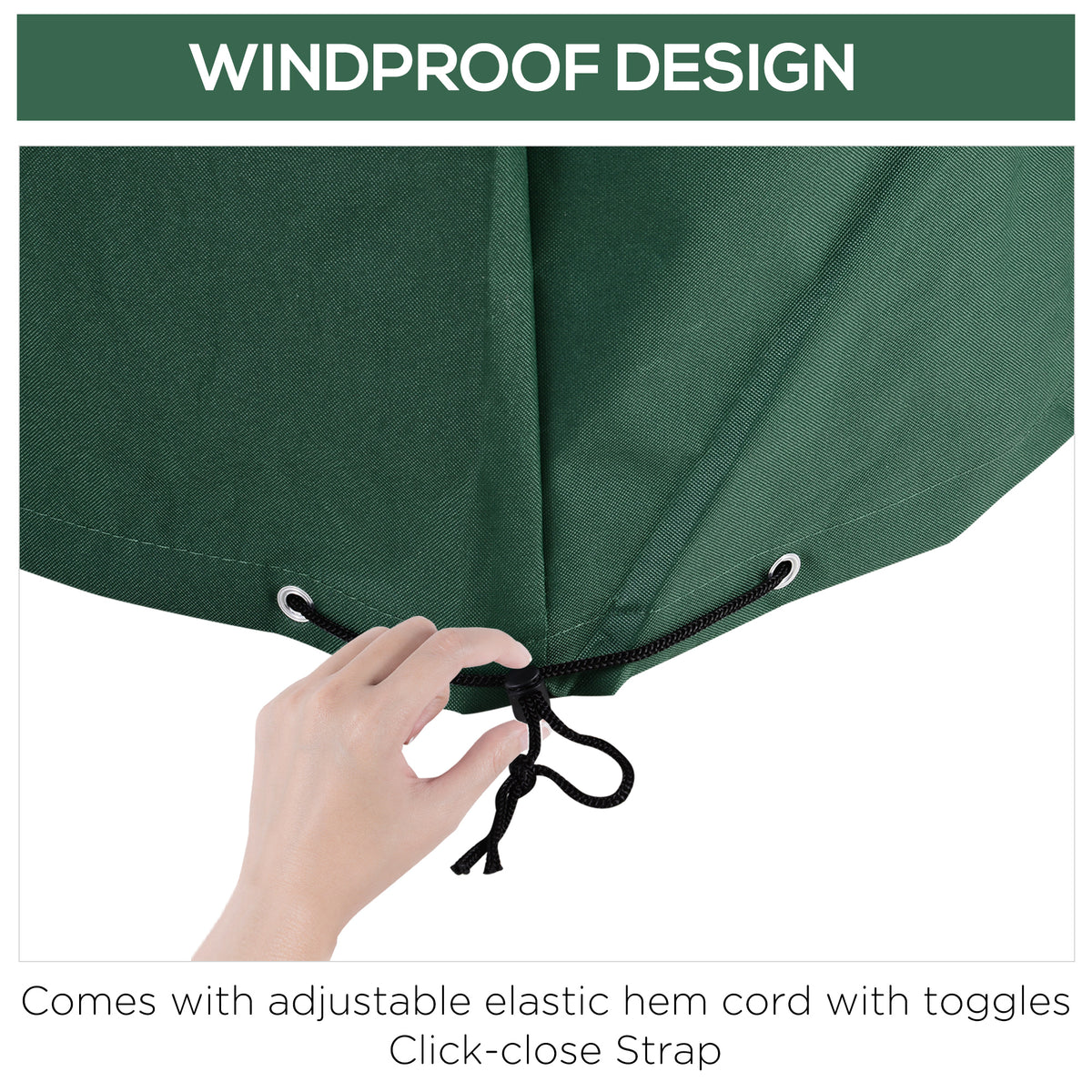 Outsunny cover hem with adjustable elastic cord, toggles, and click-close strap