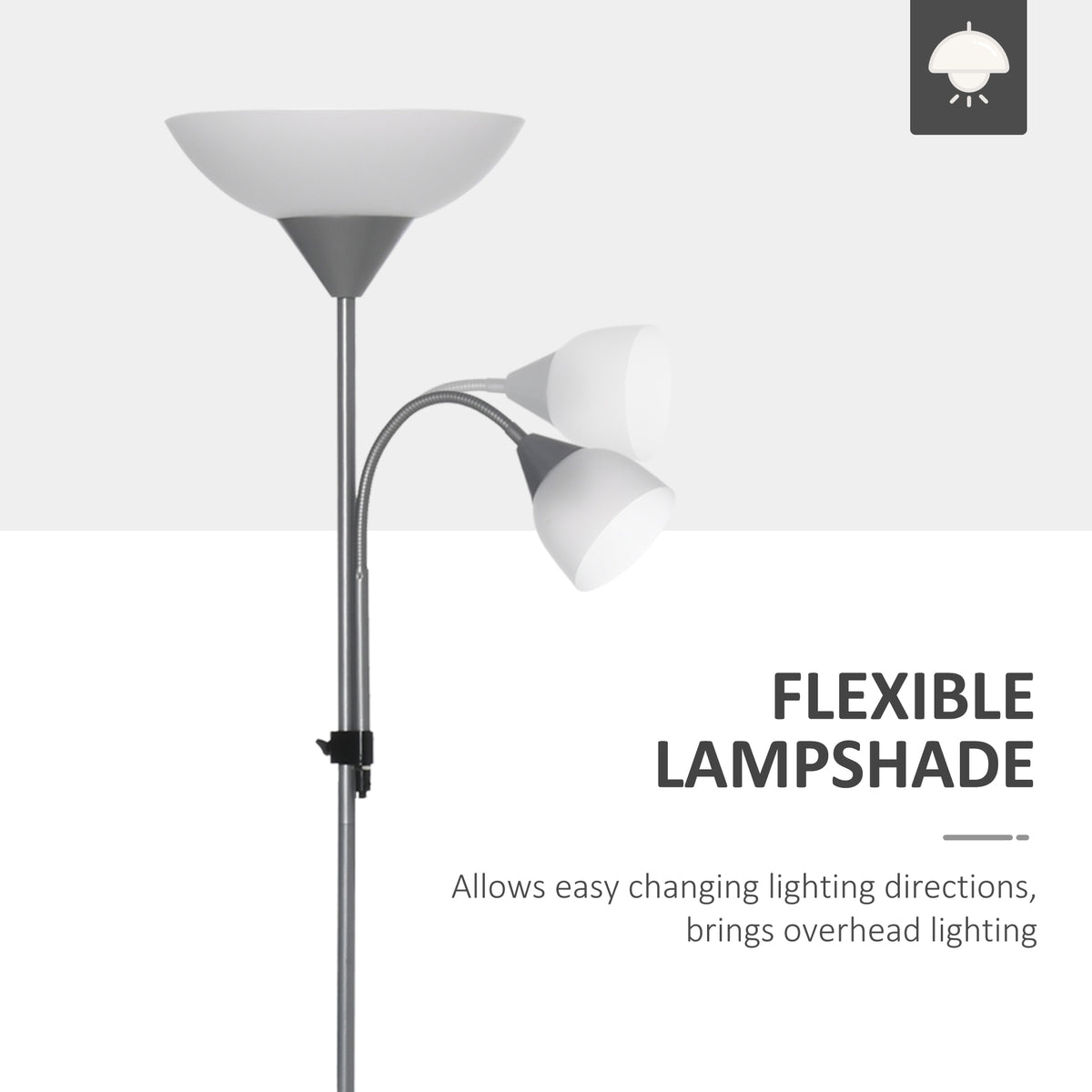 Silver-tone floor lamp with flexible reading shade angled beside the uplighter