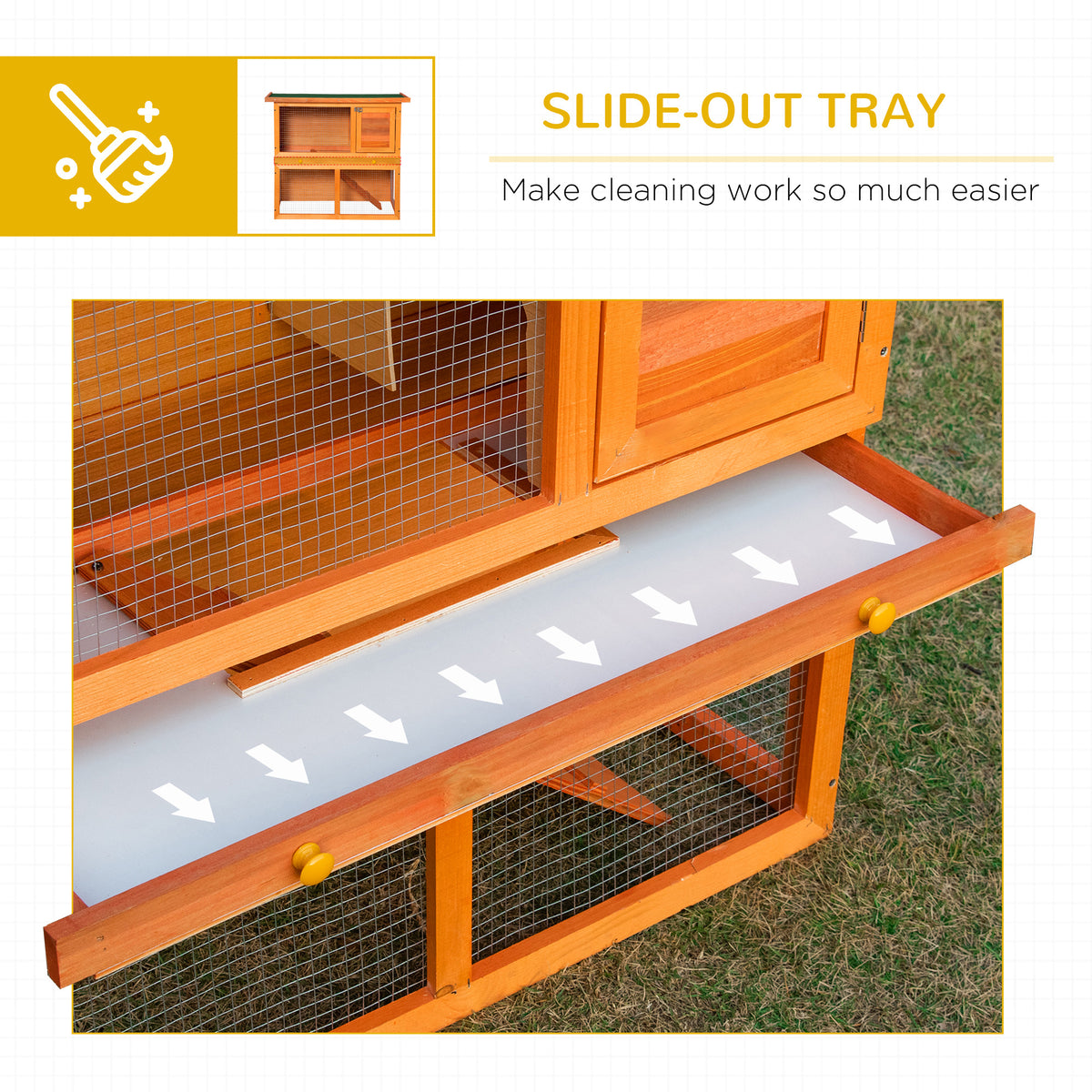 Wooden rabbit hutch with a slide-out cleaning tray between tiers