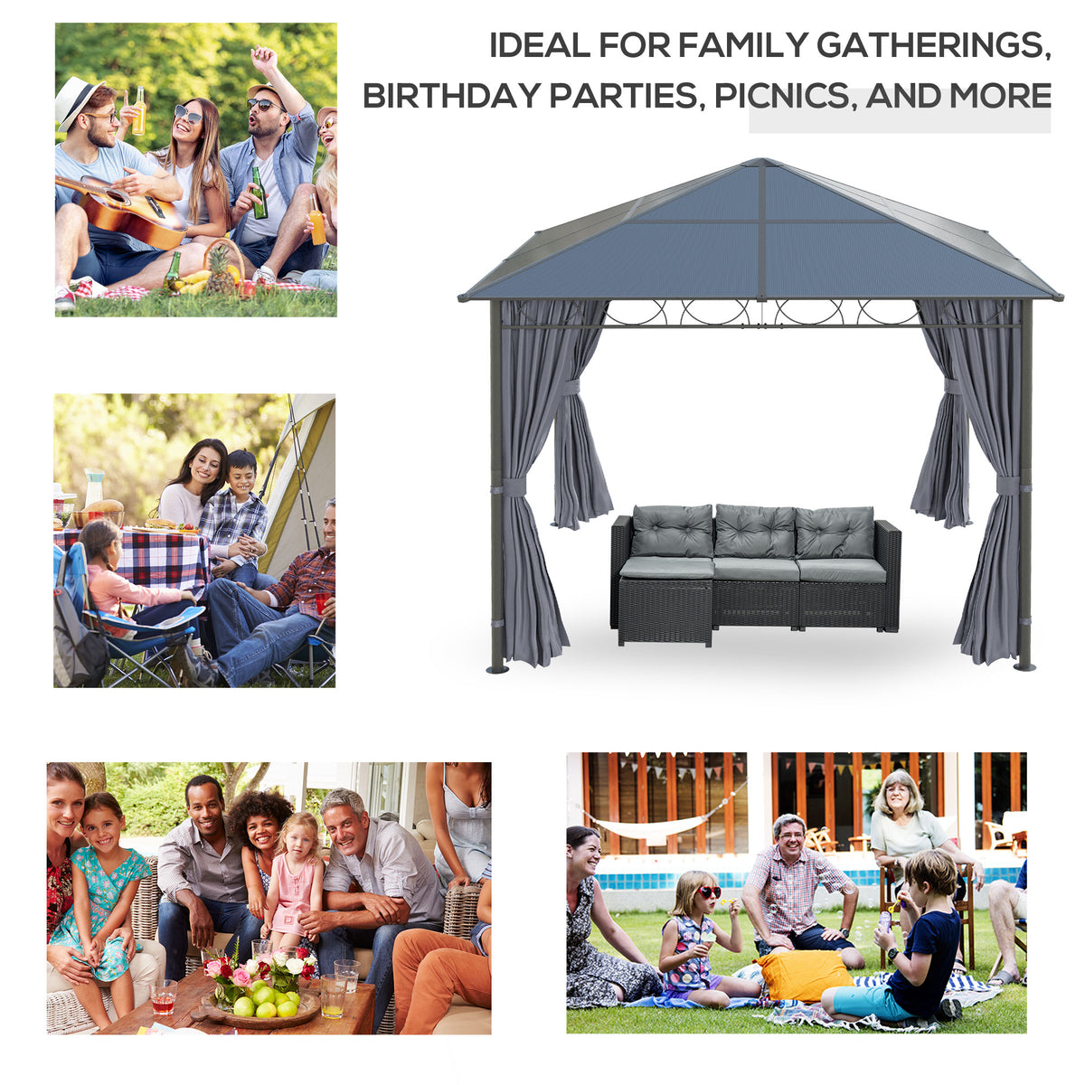 Outsunny grey hardtop gazebo with curtains and outdoor seating