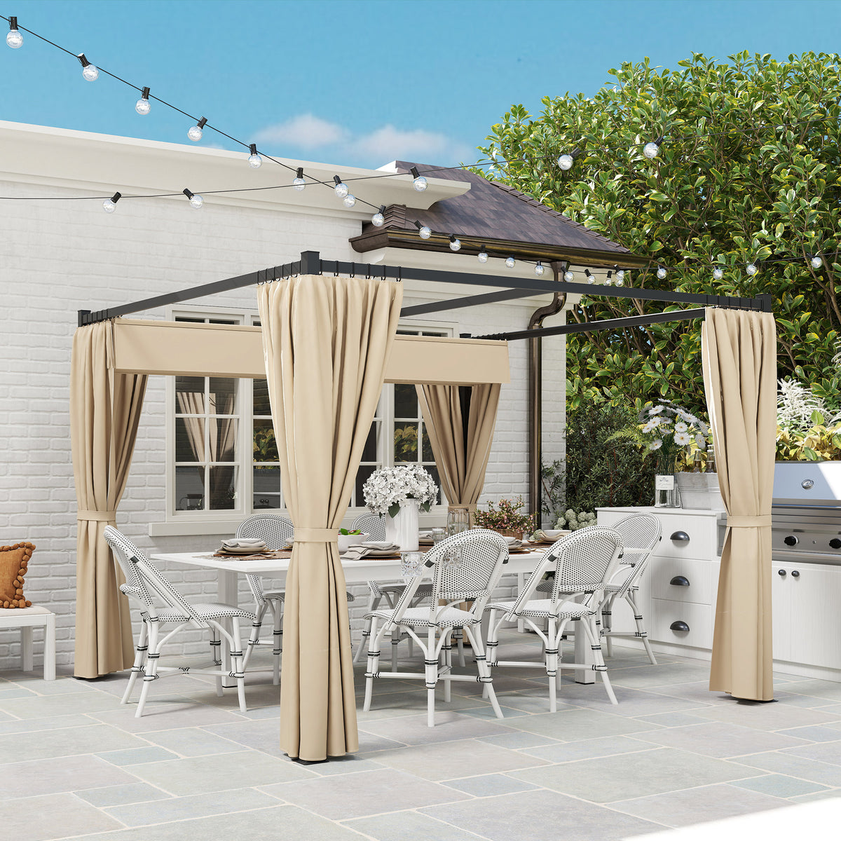 Outsunny 3 x 3m Retractable Pergola with Curtains, Metal Garden Gazebo Canopy for Patio, Deck & Outdoor Dining, UV-Resistant, Beige