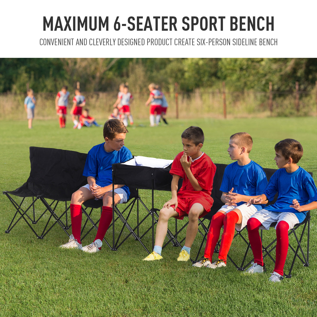 Black six-seat folding sports bench seating children on a sideline