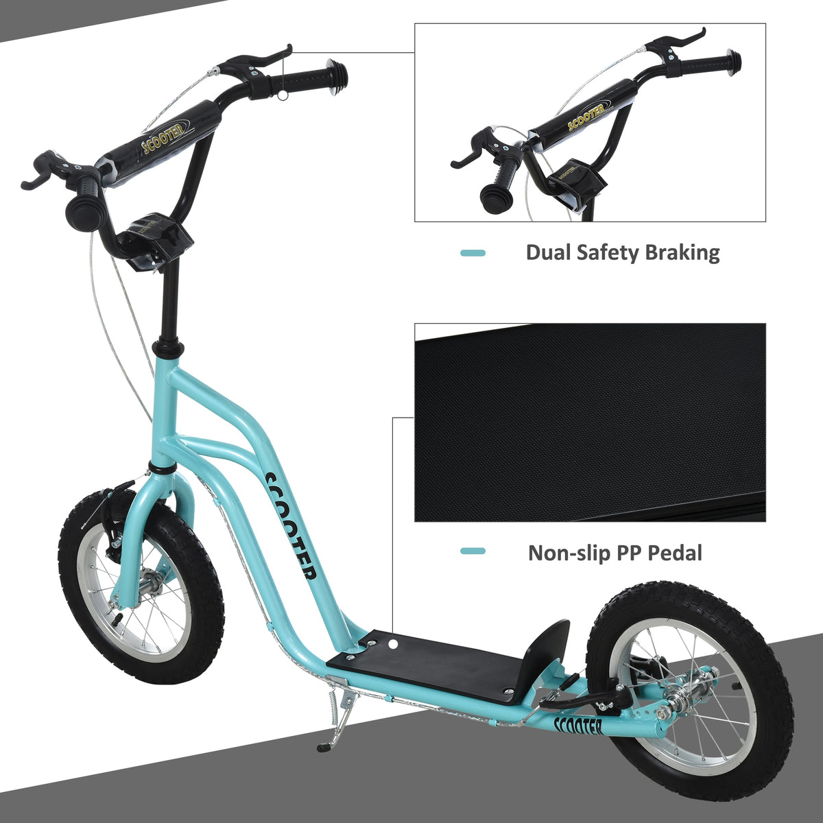 Blue kids' kick scooter with dual brake levers and a non-slip black deck