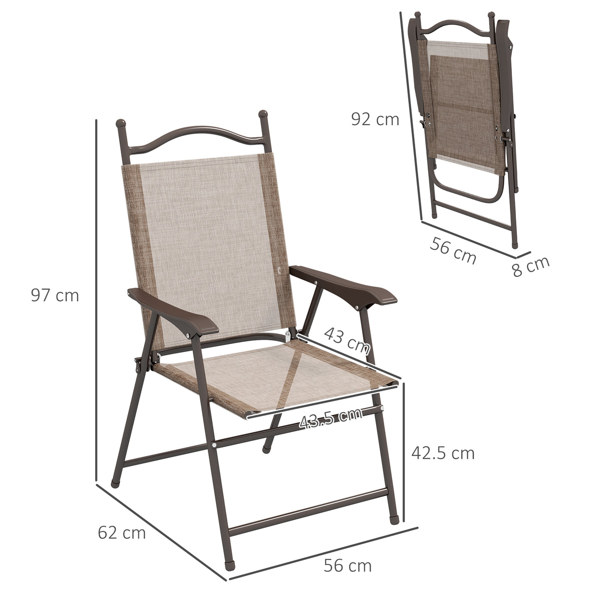 Folding garden chair with mesh seat and back, shown open with dimensions and folded profile