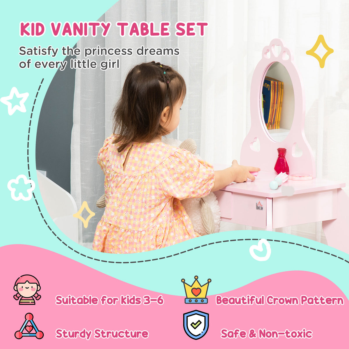 Child seated at the pink kids' vanity table with mirror and accessories