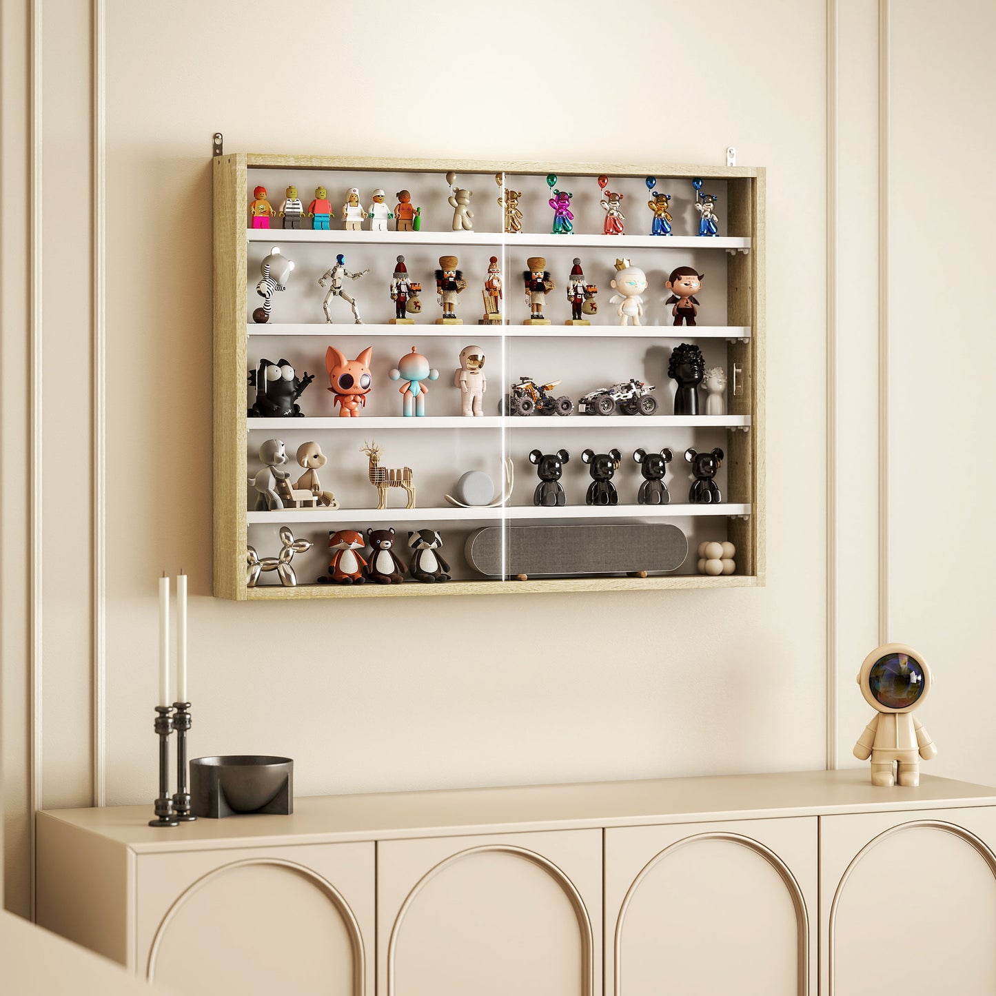 HOMCOM 5-Tier Wall Display Shelf Unit Cabinet w/ 4 Adjustable Shelves Glass Doors Home Office Ornaments 60x80cm Natural