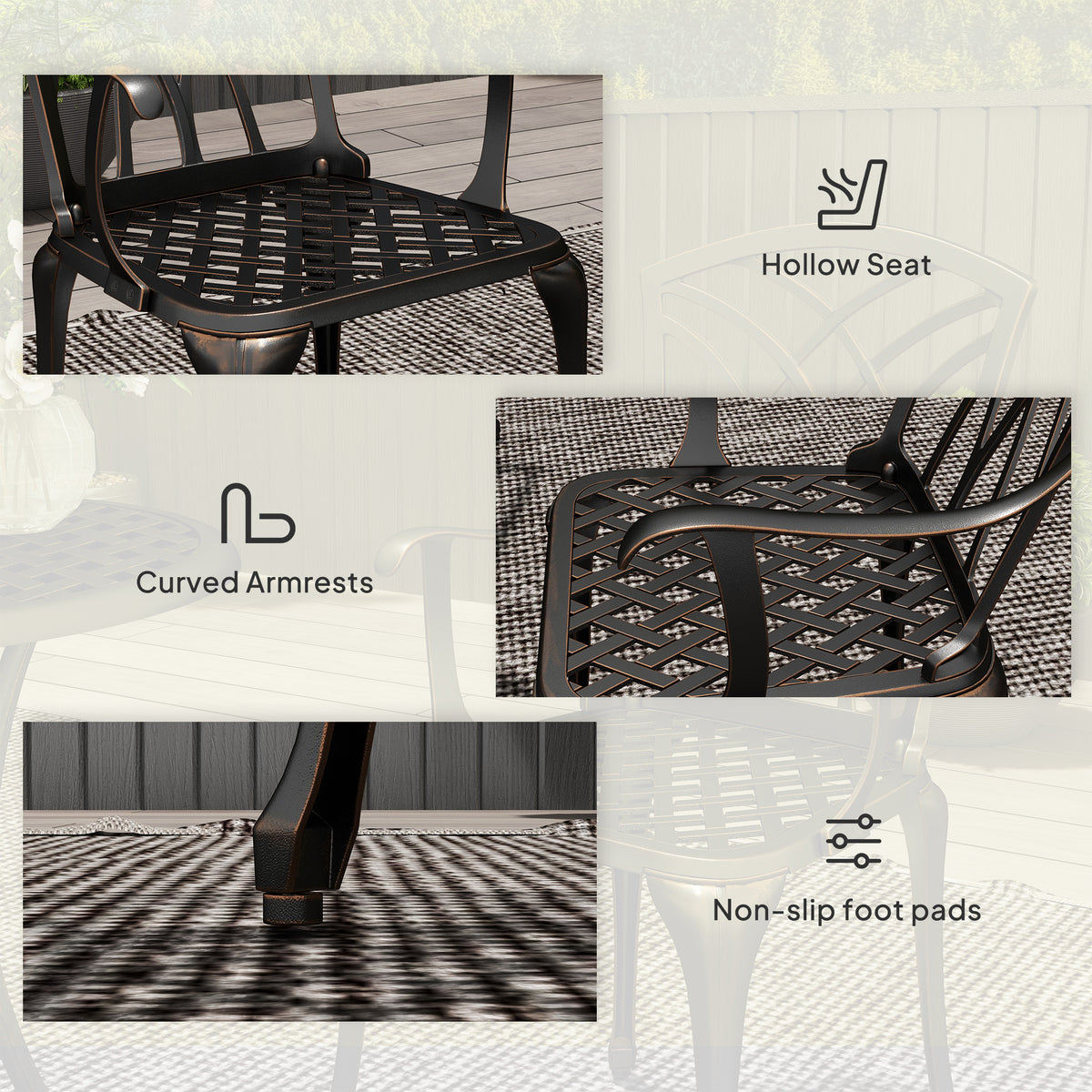 Outsunny chair details showing openwork seat, curved arms, and nonslip foot pads