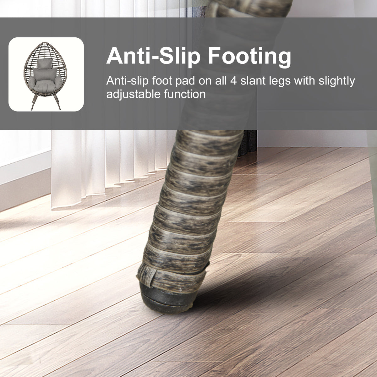 Wicker chair angled leg with an anti-slip foot pad