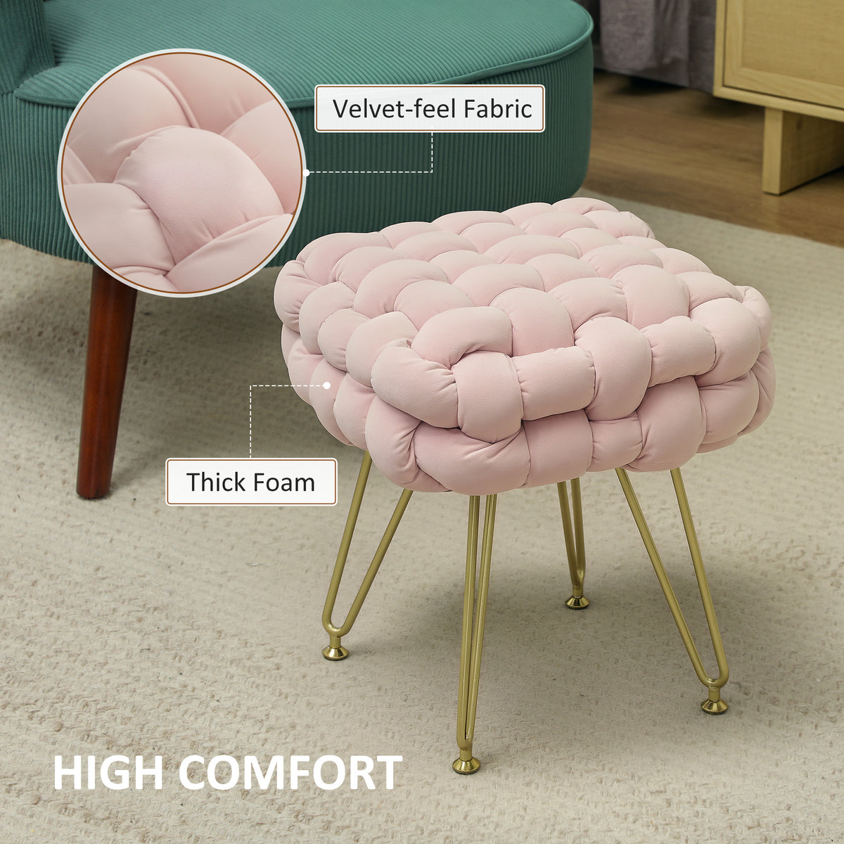 Pink velvet-feel woven footstool with thick foam cushioning and gold-tone legs