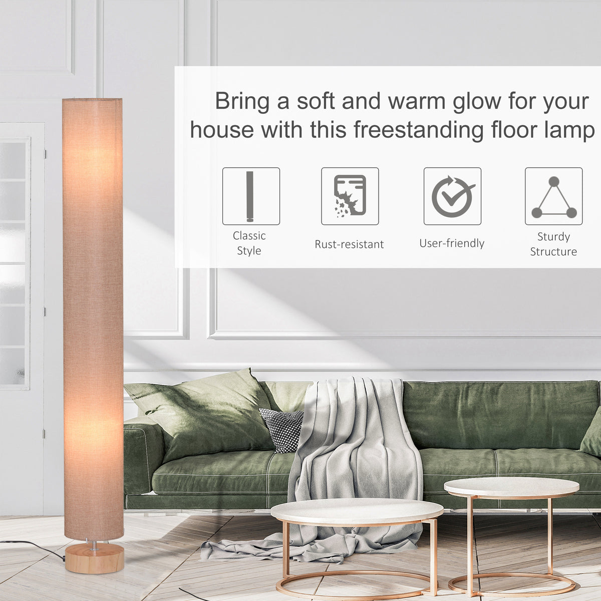 HOMCOM floor lamp with glowing linen shade and round wooden base beside a sofa.