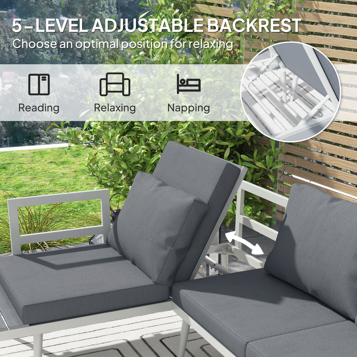 Garden sofa with a five-level adjustable backrest and gray padded cushions