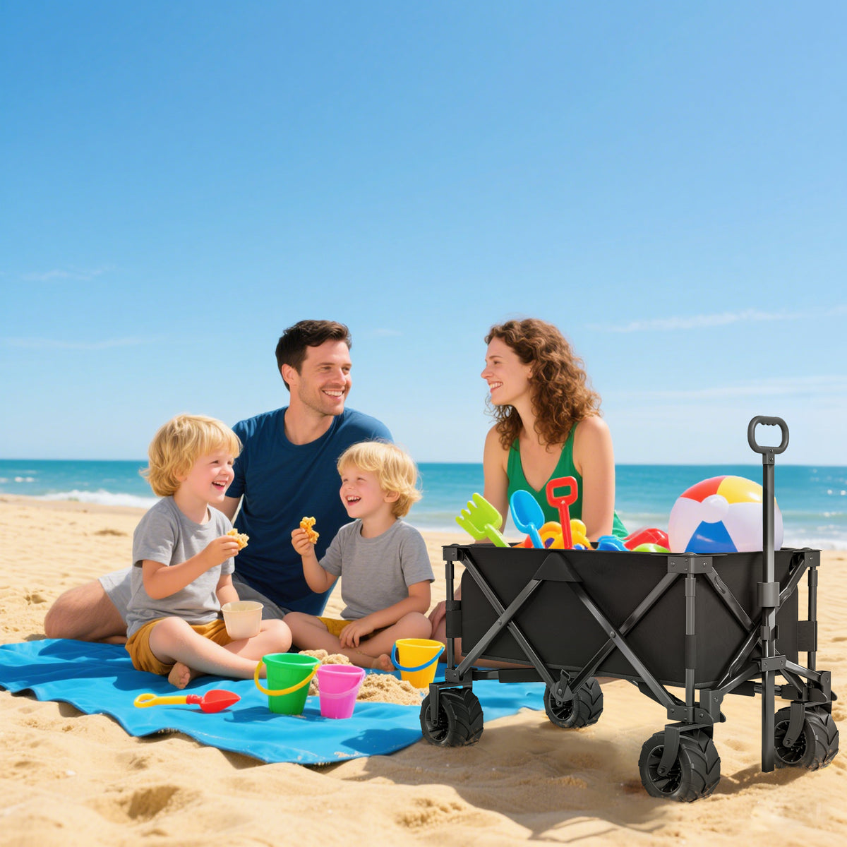 Outsunny black folding wagon loaded with beach toys, with large wheels and a pull handle