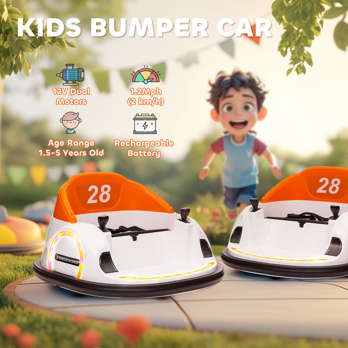 AIYAPLAY 360° Rotation Kids Bumper Car, 12V Waltzer Car with Remote Control, Dual Joysticks, Music Lights, Orange