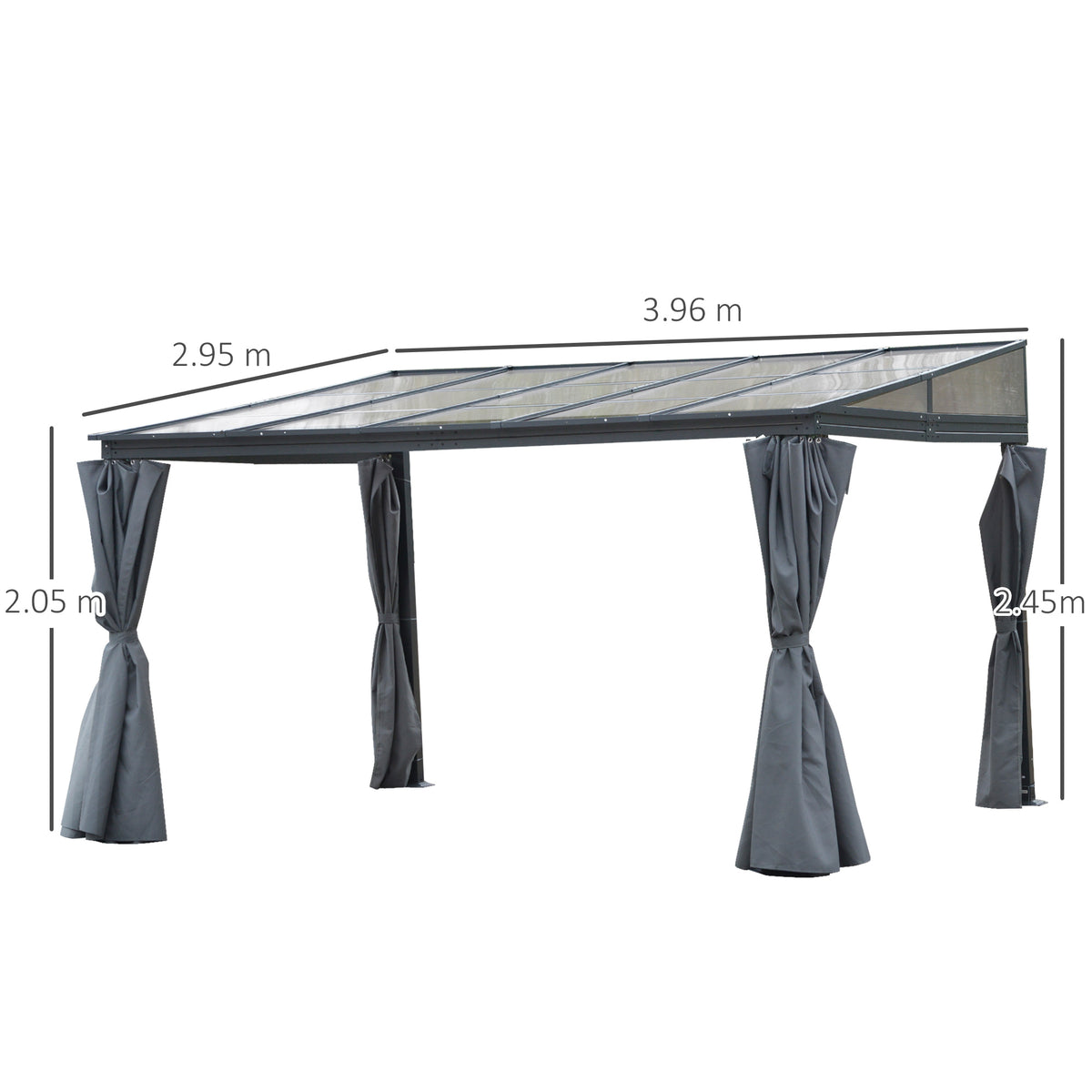 Outsunny grey lean-to gazebo with polycarbonate roof and tied-back curtains, dimensions shown
