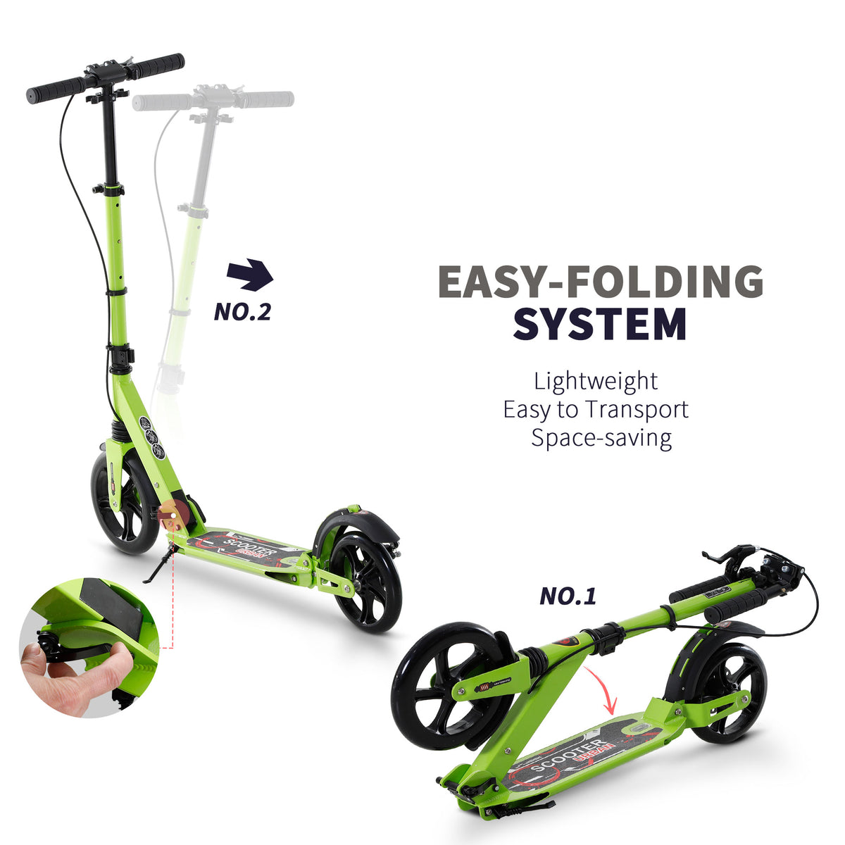 Green HOMCOM scooter shown upright and folded with folding mechanism detail