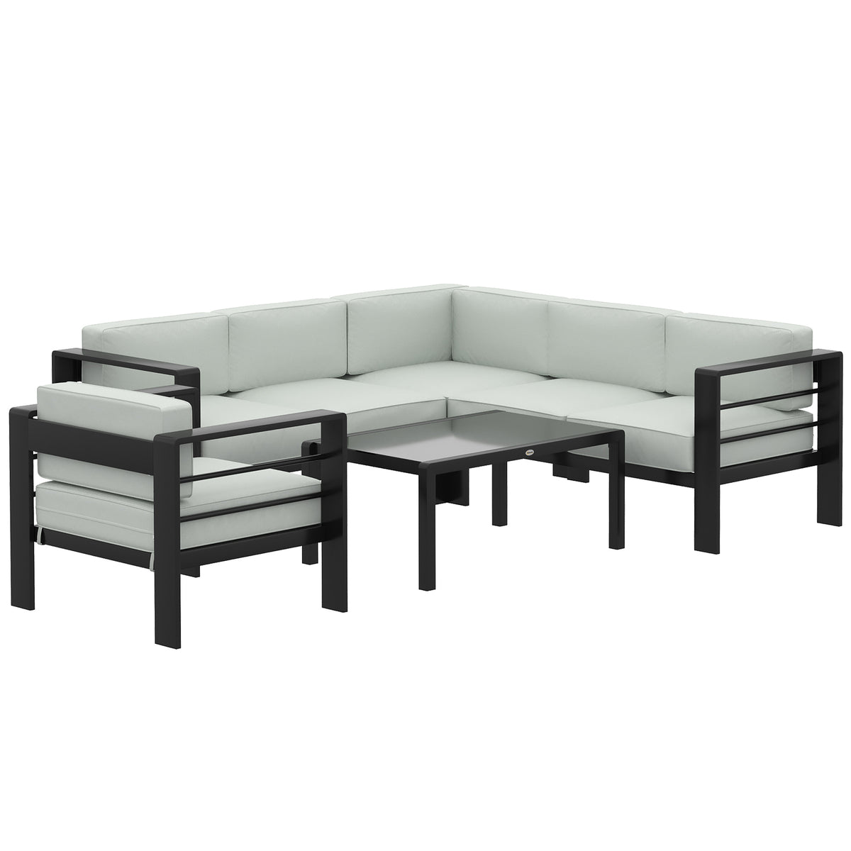 Photo of Outsunny 5-Piece Garden Corner Sofa Set with Cushions, 6 Seater Aluminium Garden Furniture Set with Coffee Table, Light Grey in Grey colour on a white background