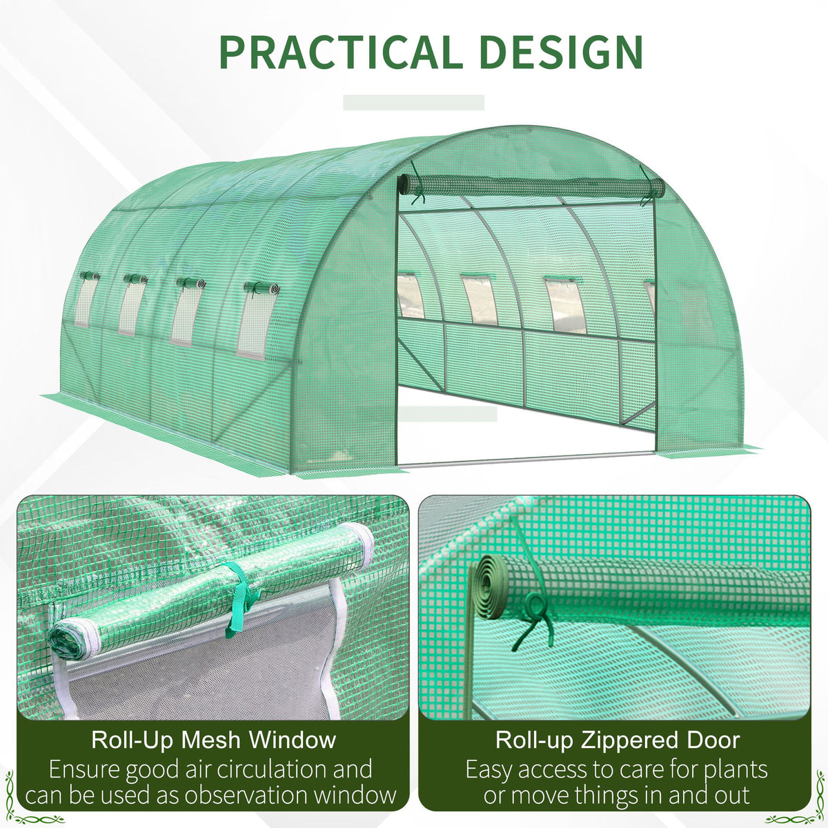 Green polytunnel greenhouse with roll-up mesh windows and zipped door