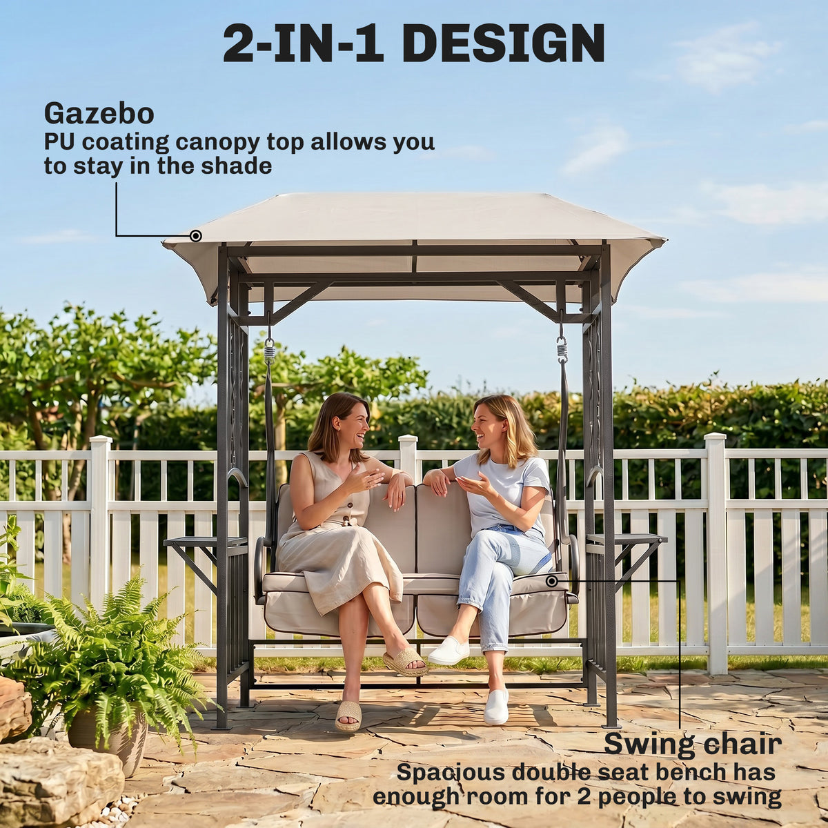 Two-seat canopy swing chair with beige cushions and steel frame, shown in use