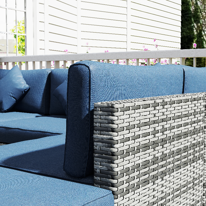 Outsunny 8 Pieces PE Rattan Corner Sofa Set, Outdoor Garden Furniture Set, Patio Wicker Sofa Seater with Cushion, Dark Blue